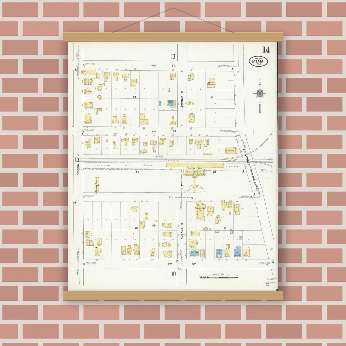Old map wall art mockup — magnetic wood frame on brick wall — Sanborn Fire Insurance Map from Miami, Dade County, Florida (1910), Sheet #0014
