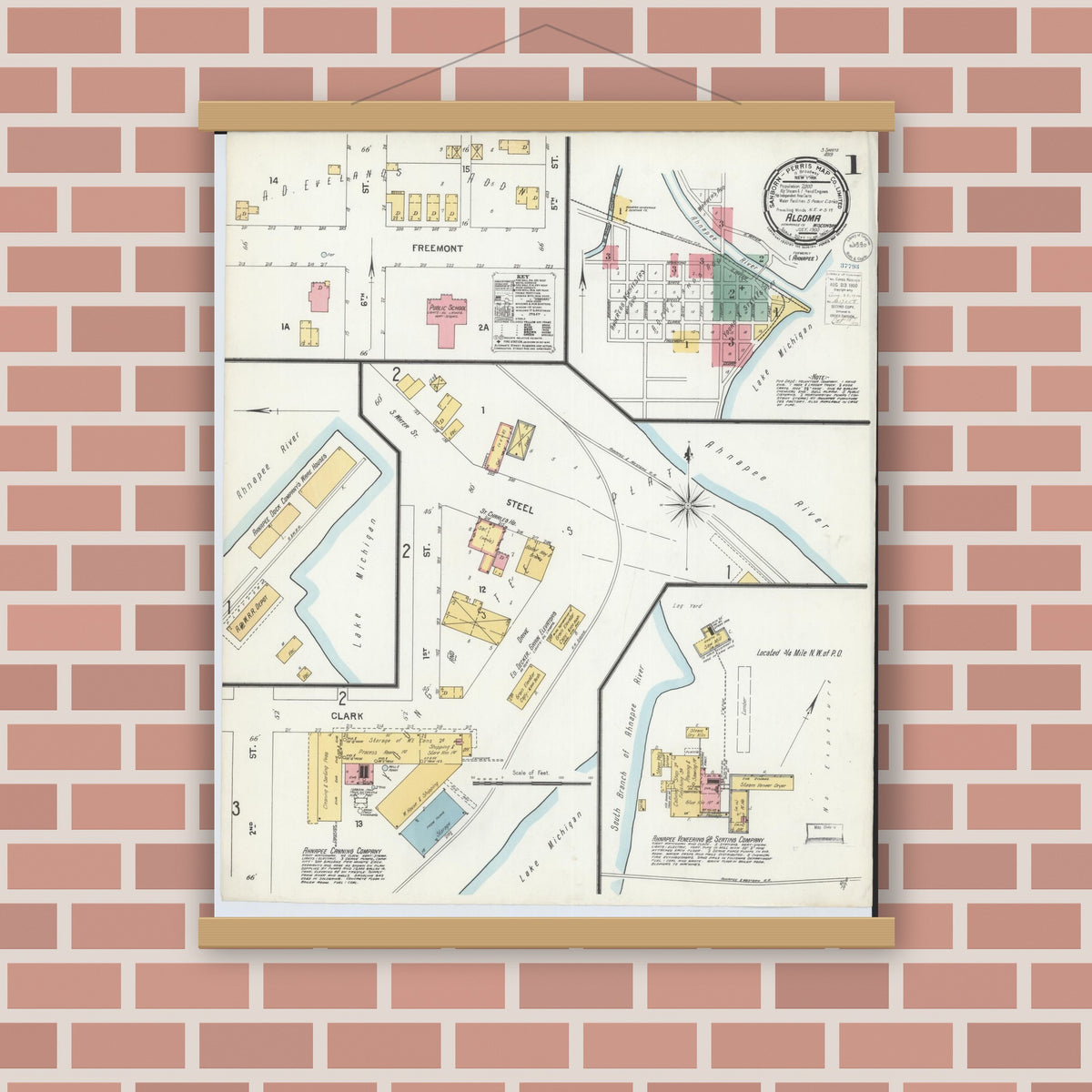 Old map wall art mockup — magnetic wood frame on brick wall — Sanborn Fire Insurance Map from Algoma, Kewaunee County, Wisconsin (1900) - Complete Map Set