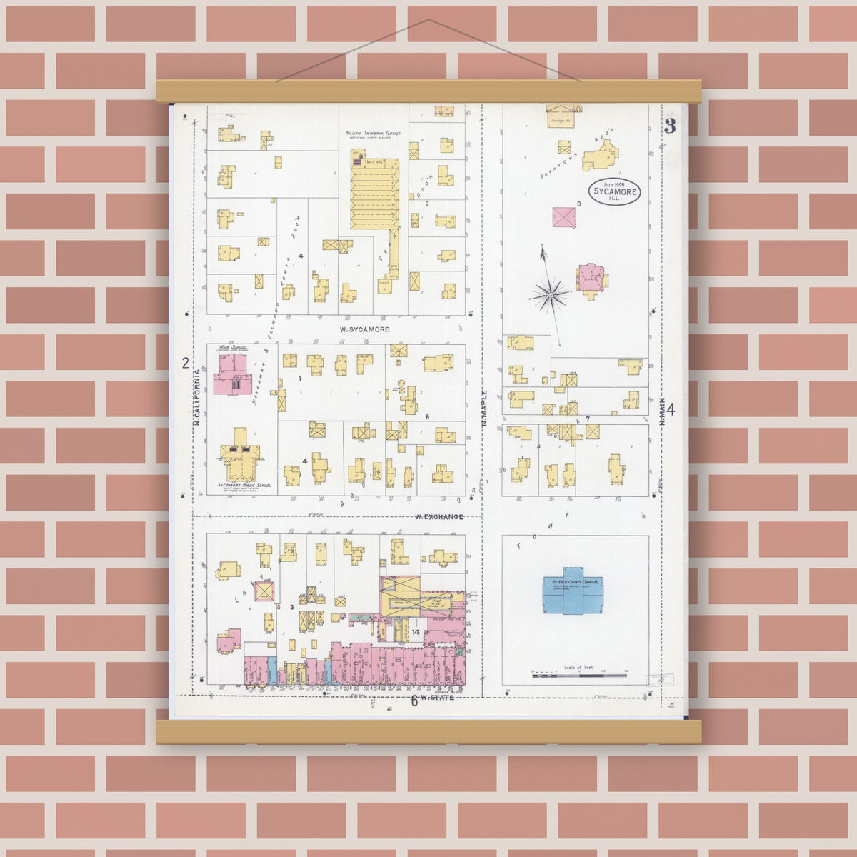 Old map wall art mockup — magnetic wood frame on brick wall — Sanborn Fire Insurance Map from Sycamore, De Kalb County, Illinois (1905), Sheet #0003
