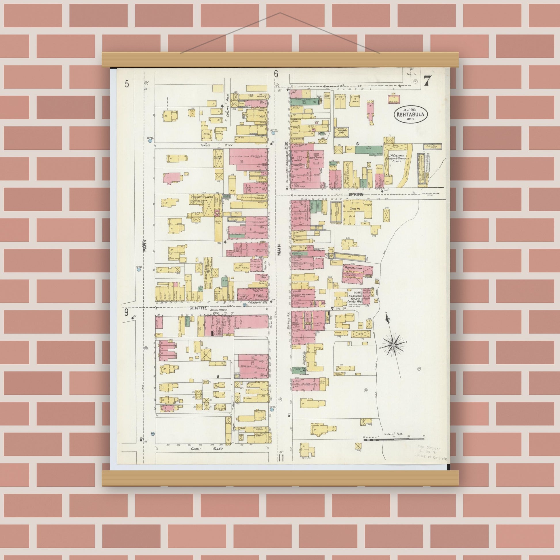 Old map wall art mockup — magnetic wood frame on brick wall — Sanborn Fire Insurance Map from Ashtabula, Ashtabula County, Ohio (1903), Sheet #0007