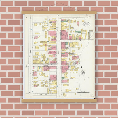 Old map wall art mockup — magnetic wood frame on brick wall — Sanborn Fire Insurance Map from Ashtabula, Ashtabula County, Ohio (1903), Sheet #0007