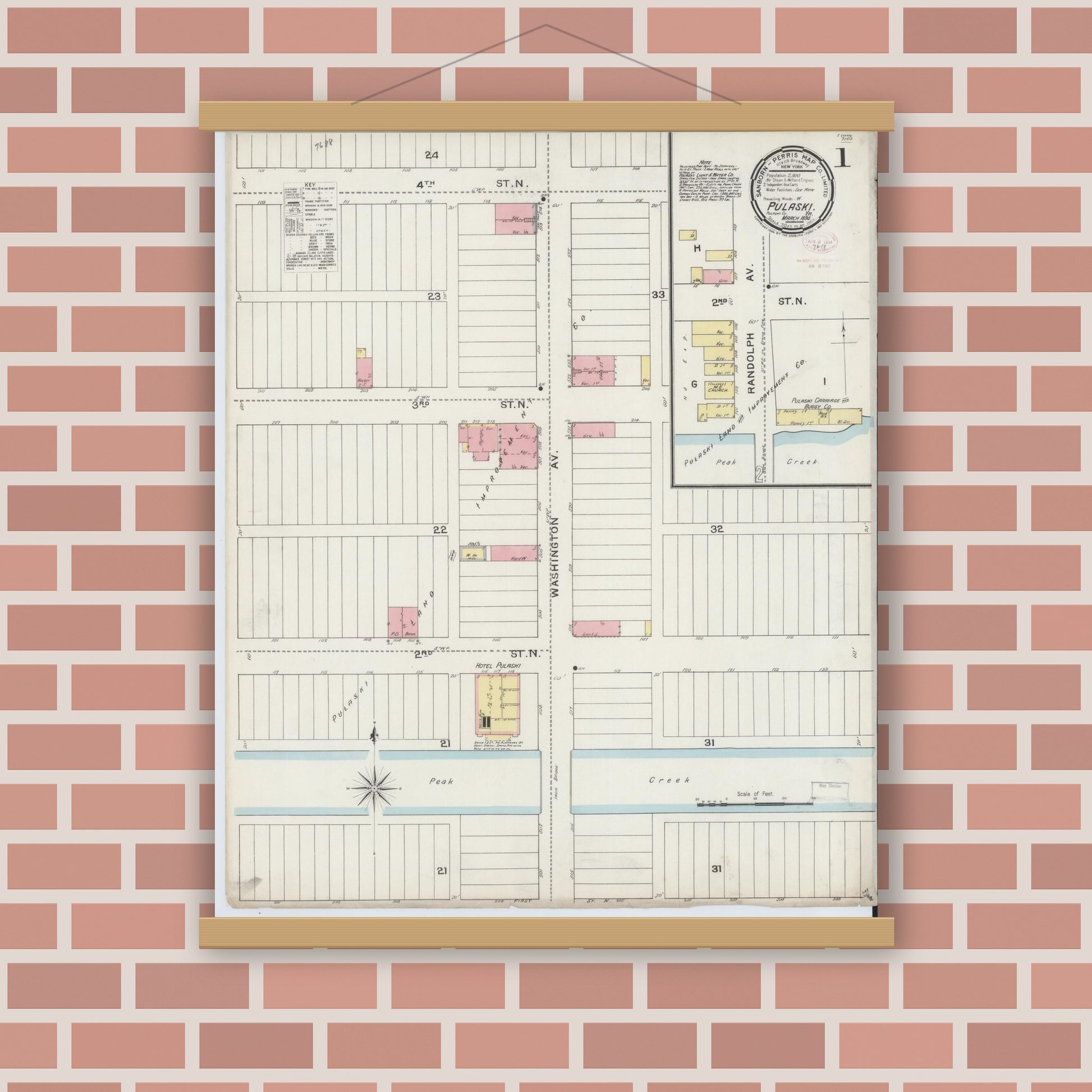 Old map wall art mockup — magnetic wood frame on brick wall — Sanborn Fire Insurance Map from Pulaski, Pulaski County, Virginia (1894) - Complete Map Set