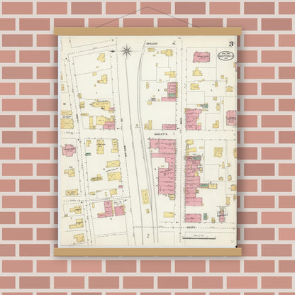 Old map wall art mockup — magnetic wood frame on brick wall — Sanborn Fire Insurance Map from Gastonia, Gaston County, North Carolina (1904), Sheet #0003