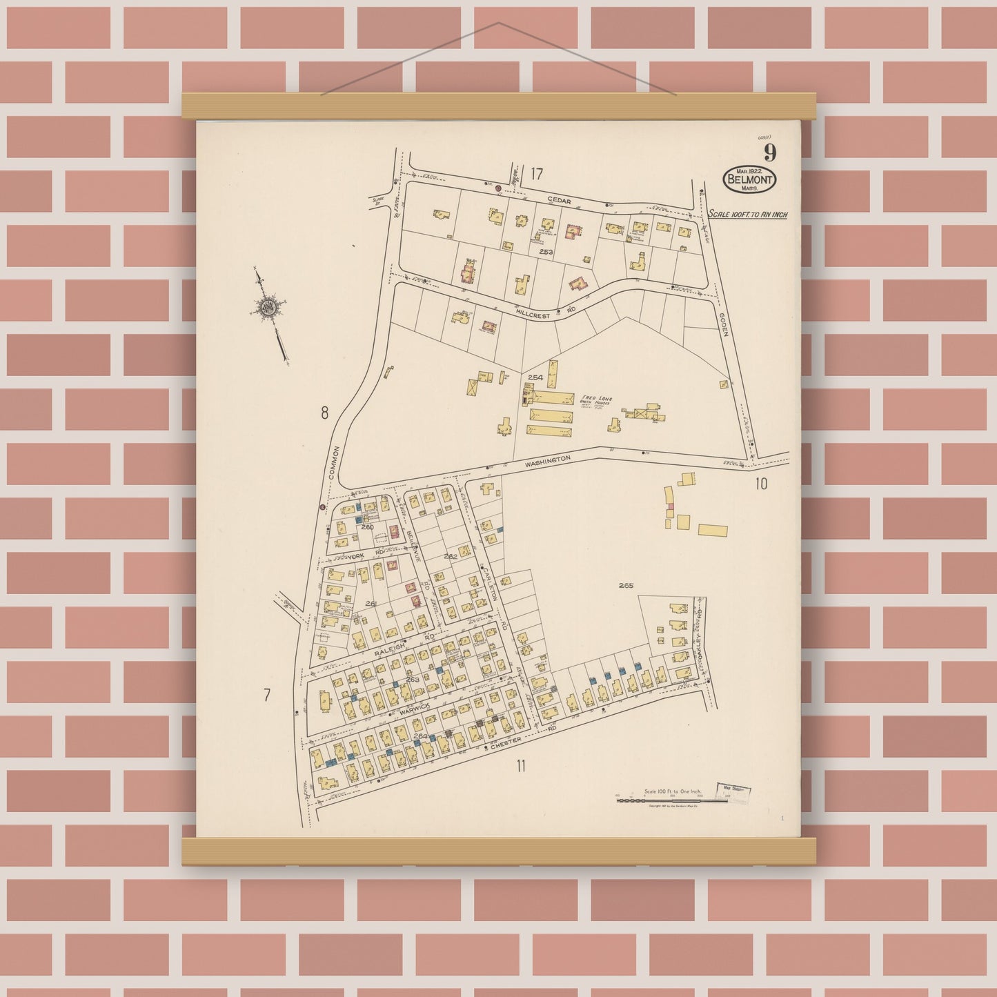 Old map wall art mockup — magnetic wood frame on brick wall — Sanborn Fire Insurance Map from Belmont, Middlesex County, Massachusetts (1922), Sheet #0009