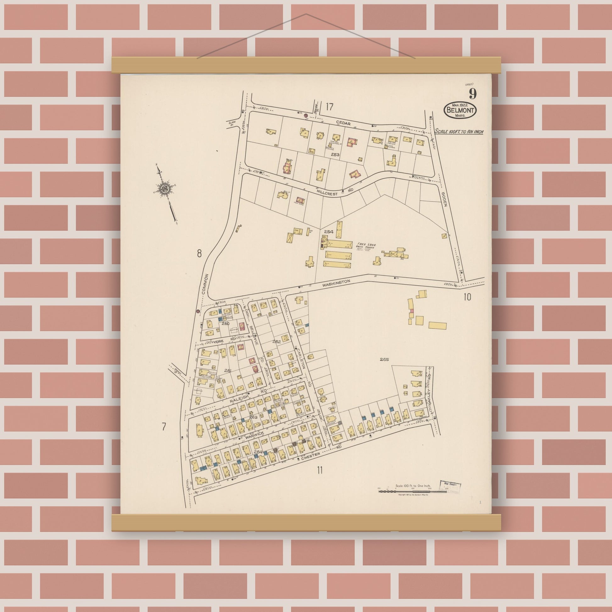 Old map wall art mockup — magnetic wood frame on brick wall — Sanborn Fire Insurance Map from Belmont, Middlesex County, Massachusetts (1922), Sheet #0009