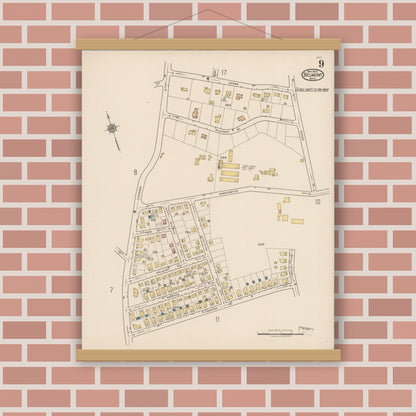 Old map wall art mockup — magnetic wood frame on brick wall — Sanborn Fire Insurance Map from Belmont, Middlesex County, Massachusetts (1922), Sheet #0009