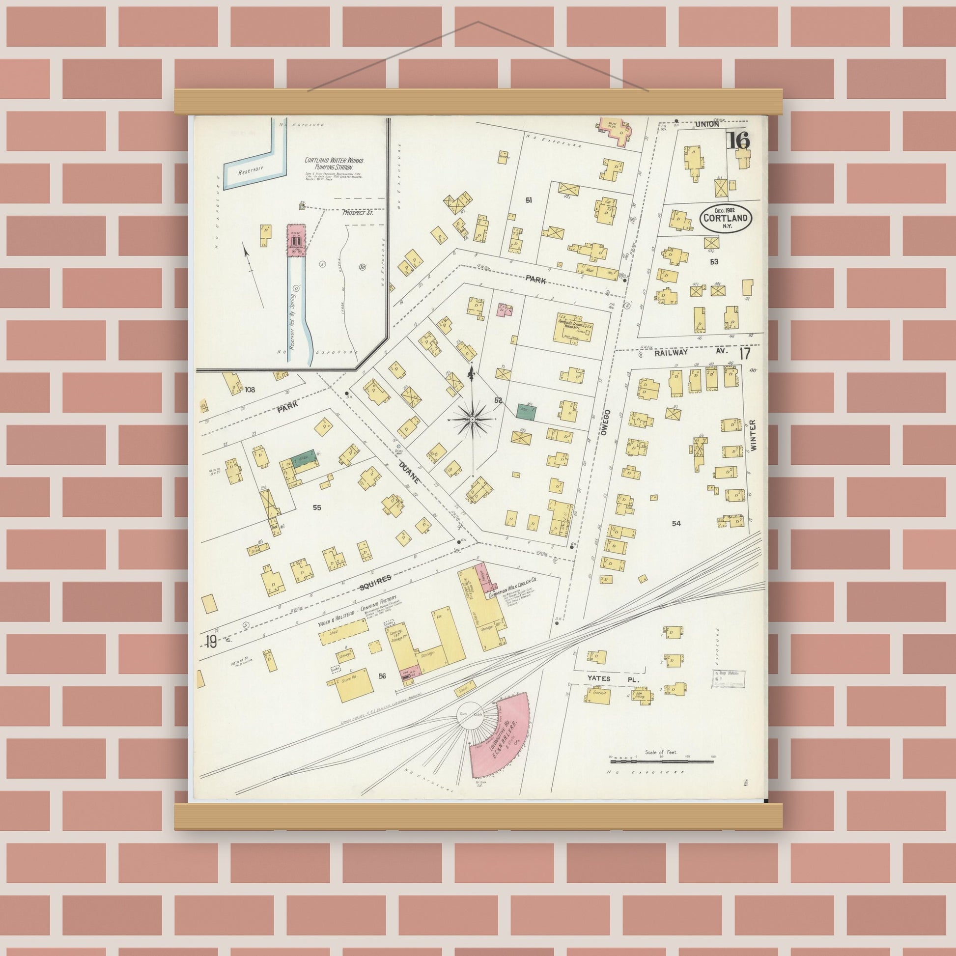 Old map wall art mockup — magnetic wood frame on brick wall — Sanborn Fire Insurance Map from Cortland, Cortland County, New York (1902), Sheet #0016