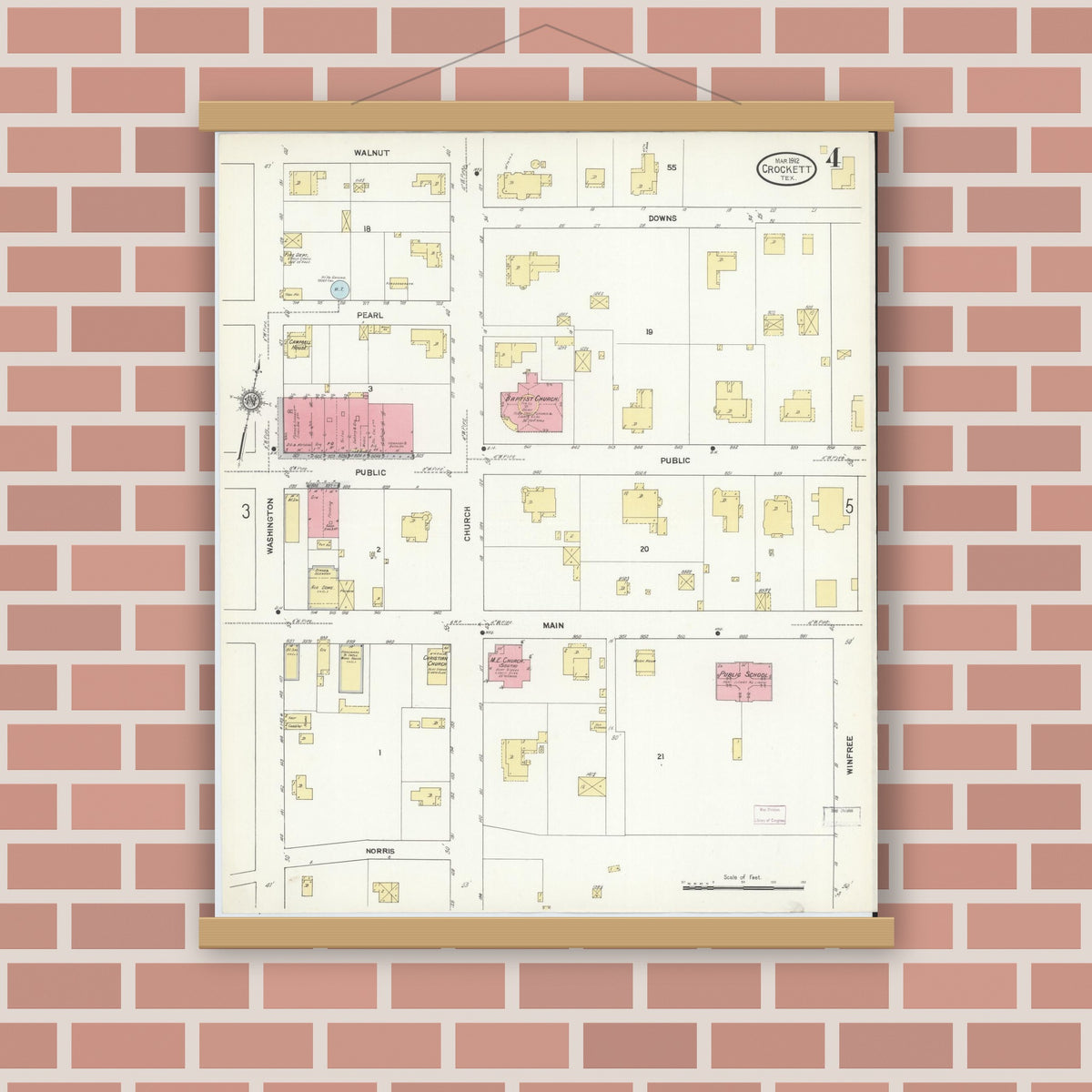 Old map wall art mockup — magnetic wood frame on brick wall — Sanborn Fire Insurance Map from Crockett, Houston County, Texas (1912), Sheet #0004