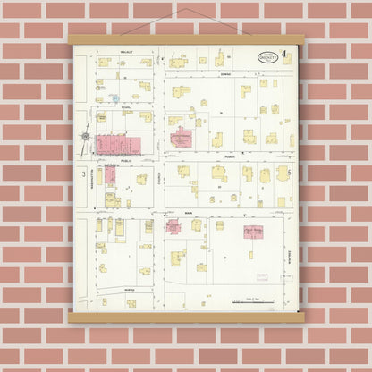 Old map wall art mockup — magnetic wood frame on brick wall — Sanborn Fire Insurance Map from Crockett, Houston County, Texas (1912), Sheet #0004