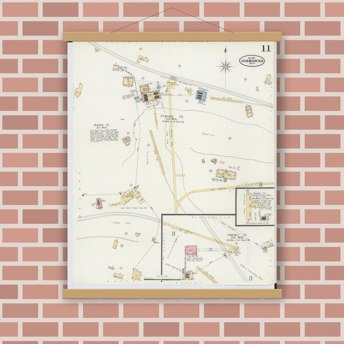 Old map wall art mockup — magnetic wood frame on brick wall — Sanborn Fire Insurance Map from Iron Mountain, Dickinson County, Michigan (1897), Sheet #0011