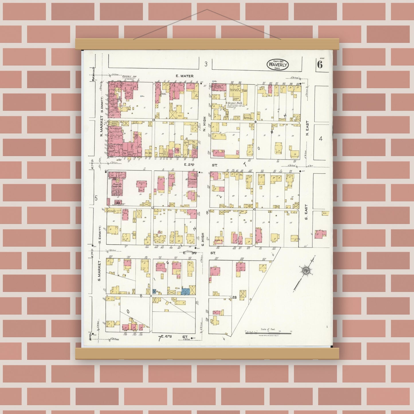 Old map wall art mockup — magnetic wood frame on brick wall — Sanborn Fire Insurance Map from Waverly, Pike County, Ohio (1921), Sheet #0006