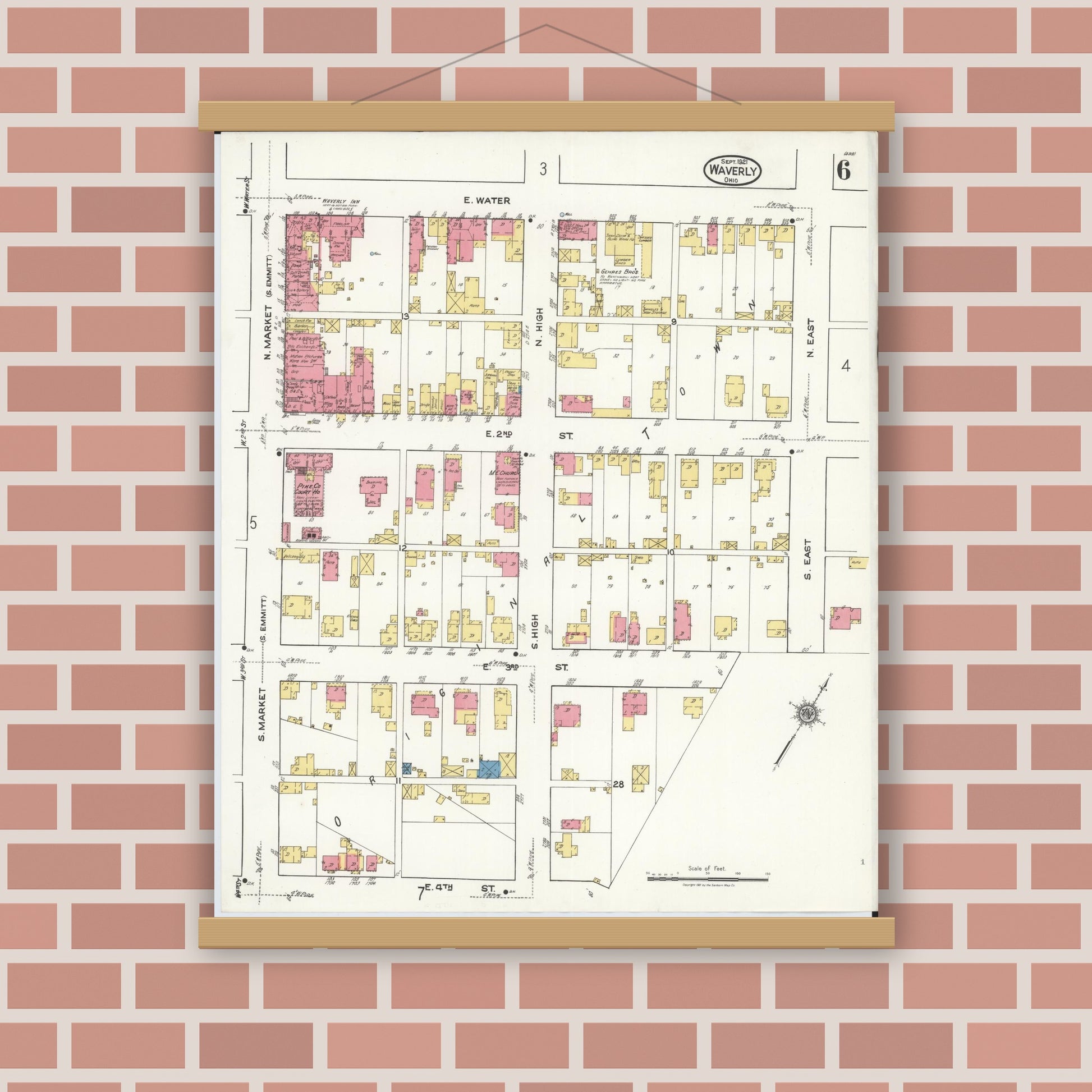 Old map wall art mockup — magnetic wood frame on brick wall — Sanborn Fire Insurance Map from Waverly, Pike County, Ohio (1921), Sheet #0006