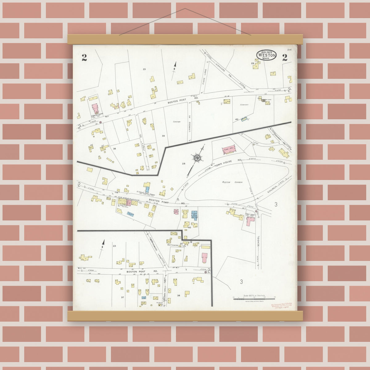 Old map wall art mockup — magnetic wood frame on brick wall — Sanborn Fire Insurance Map from Weston, Middlesex County, Massachusetts (1929), Sheet #0002