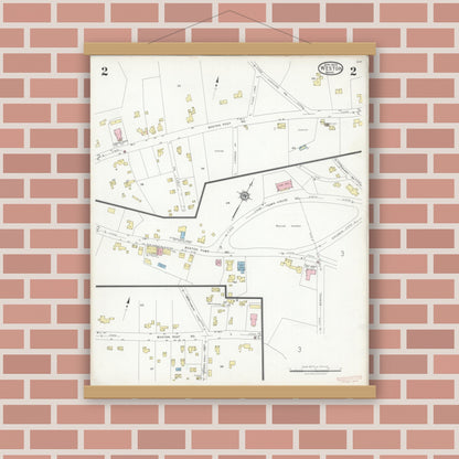 Old map wall art mockup — magnetic wood frame on brick wall — Sanborn Fire Insurance Map from Weston, Middlesex County, Massachusetts (1929), Sheet #0002