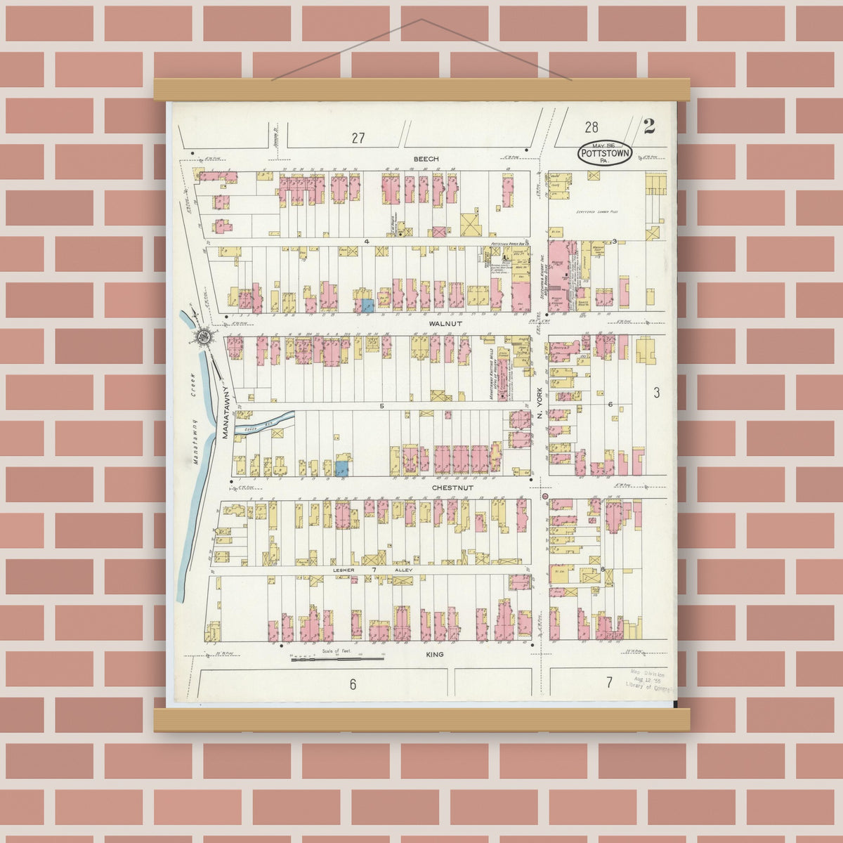 Old map wall art mockup — magnetic wood frame on brick wall — Sanborn Fire Insurance Map from Pottstown, Montgomery County, Pennsylvania (1916), Sheet #0002