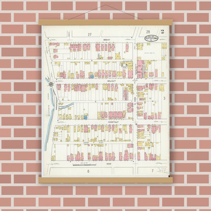 Old map wall art mockup — magnetic wood frame on brick wall — Sanborn Fire Insurance Map from Pottstown, Montgomery County, Pennsylvania (1916), Sheet #0002