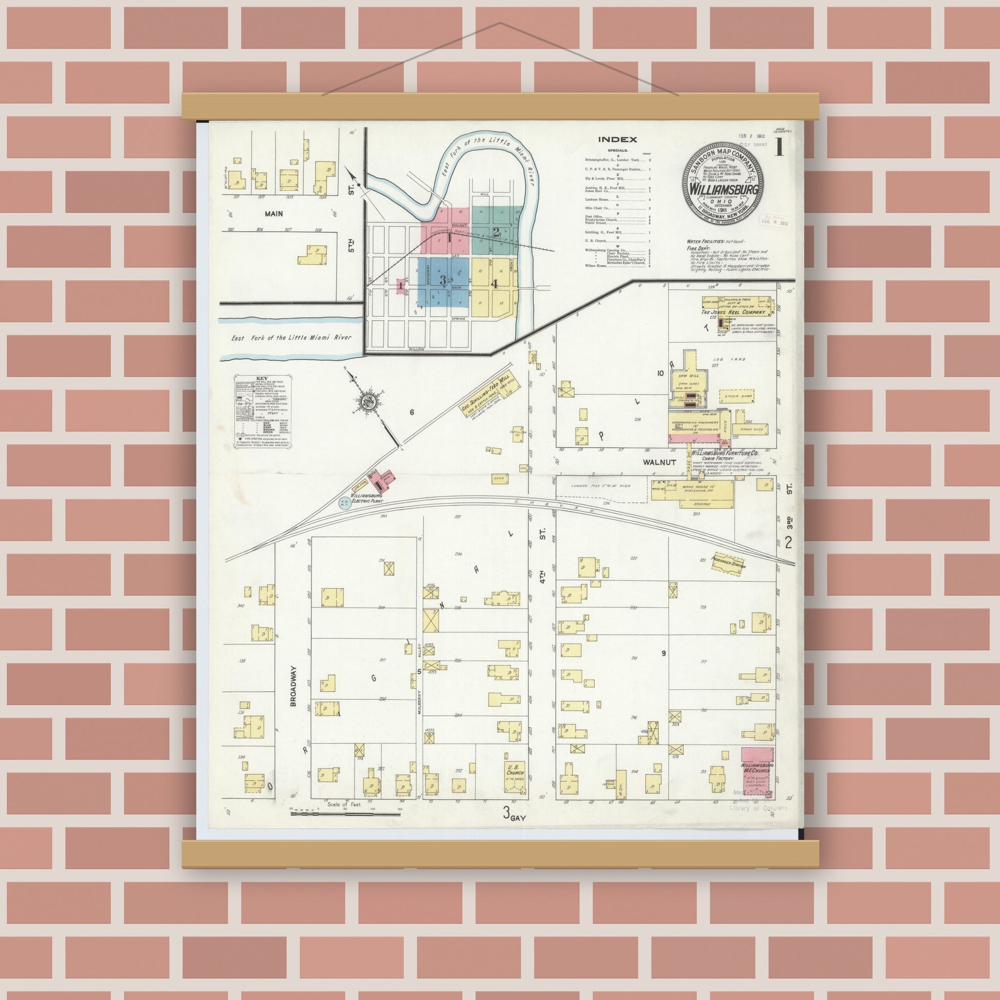 Old map wall art mockup — magnetic wood frame on brick wall — Sanborn Fire Insurance Map from Williamsburg, Clermont County, Ohio (1911), Sheet #0001
