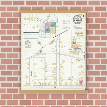 Old map wall art mockup — magnetic wood frame on brick wall — Sanborn Fire Insurance Map from Williamsburg, Clermont County, Ohio (1911), Sheet #0001