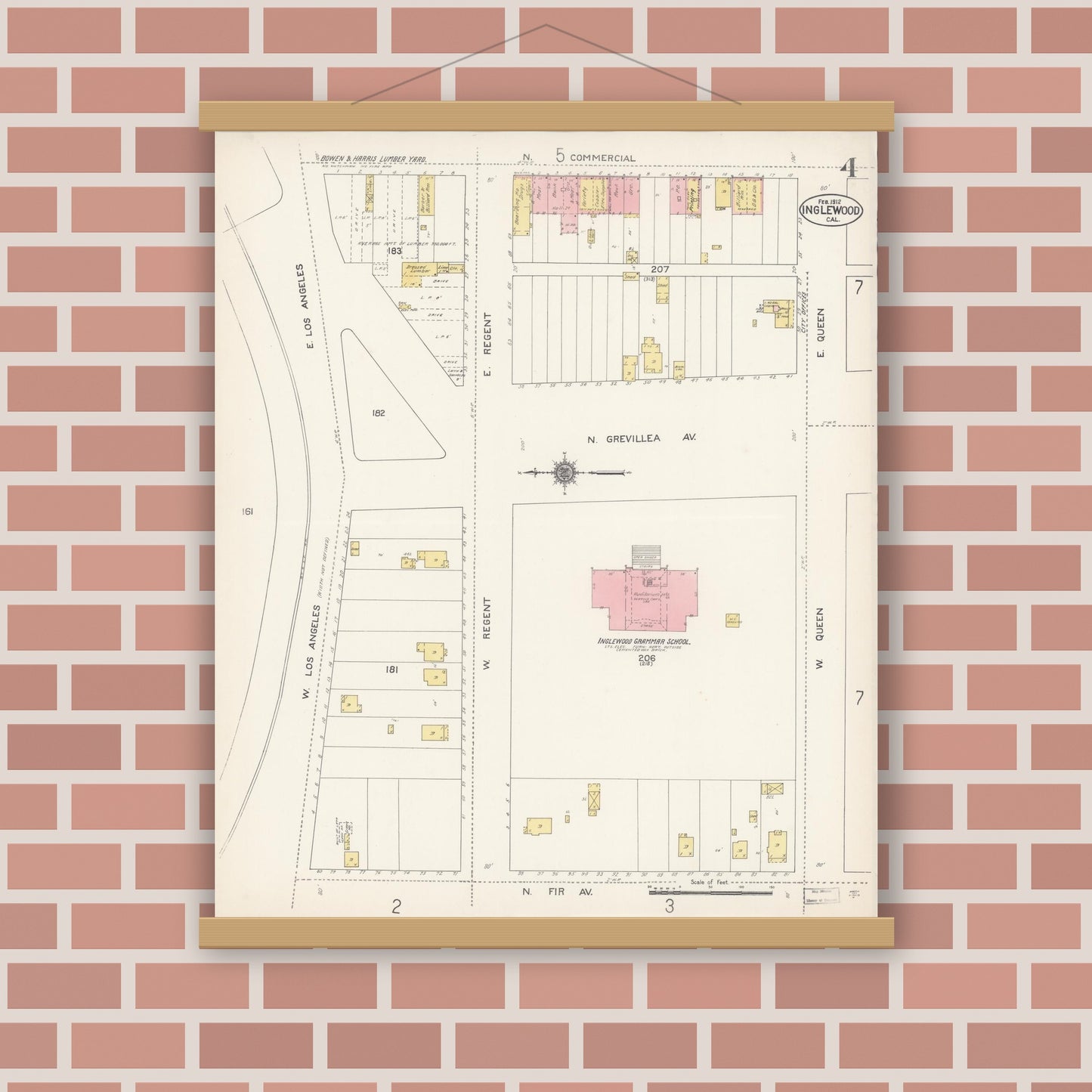 Old map wall art mockup — magnetic wood frame on brick wall — Sanborn Fire Insurance Map from Inglewood, Los Angeles County, California (1912), Sheet #0004