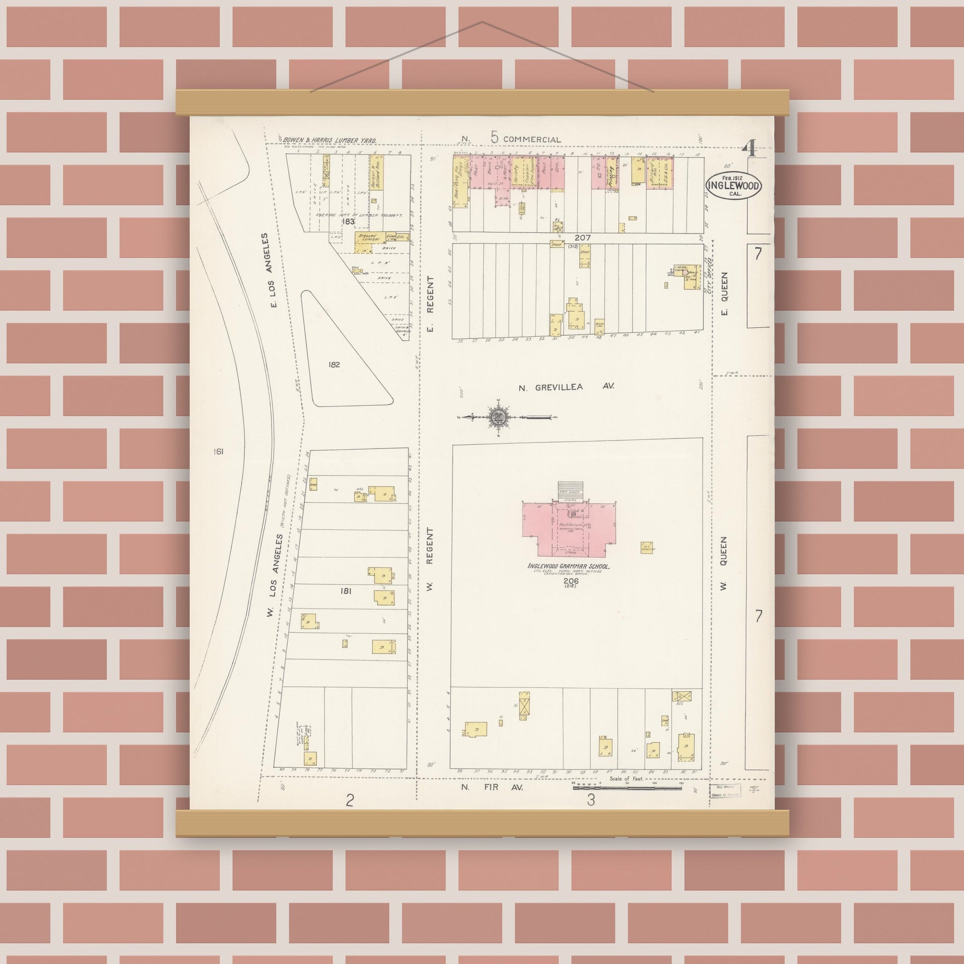 Old map wall art mockup — magnetic wood frame on brick wall — Sanborn Fire Insurance Map from Inglewood, Los Angeles County, California (1912), Sheet #0004
