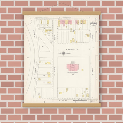 Old map wall art mockup — magnetic wood frame on brick wall — Sanborn Fire Insurance Map from Inglewood, Los Angeles County, California (1912), Sheet #0004