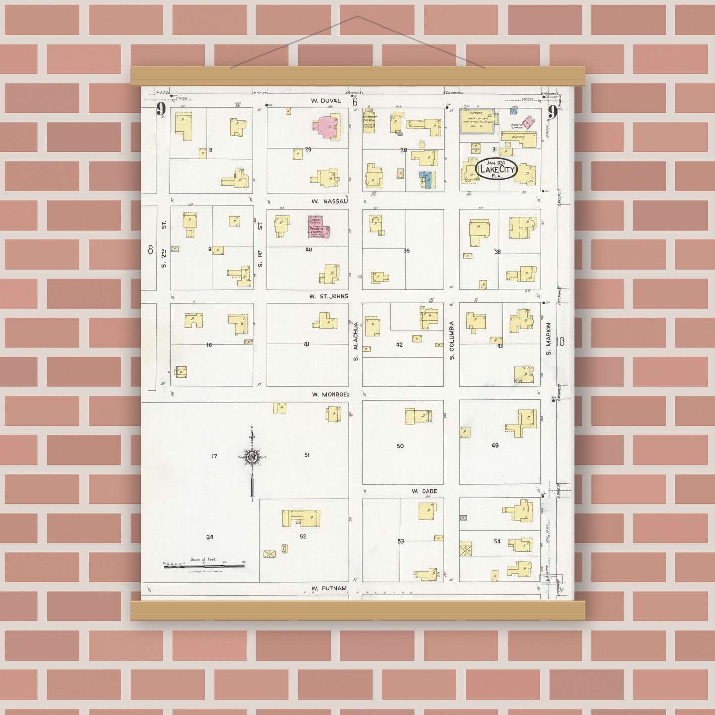 Old map wall art mockup — magnetic wood frame on brick wall — Sanborn Fire Insurance Map from Lake City, Columbia County, Florida (1924), Sheet #0009