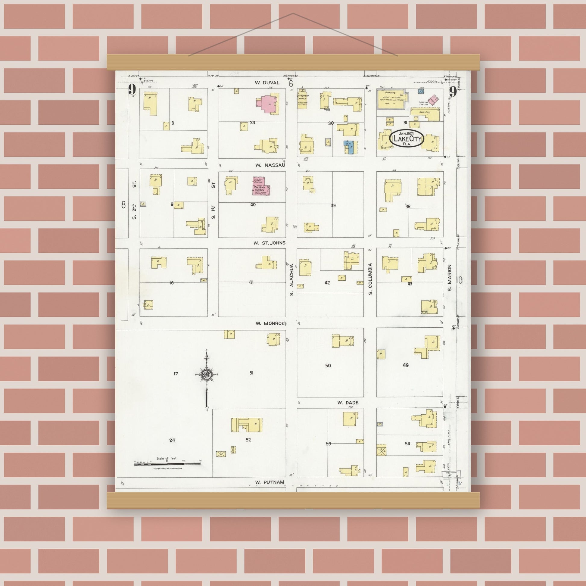 Old map wall art mockup — magnetic wood frame on brick wall — Sanborn Fire Insurance Map from Lake City, Columbia County, Florida (1924), Sheet #0009