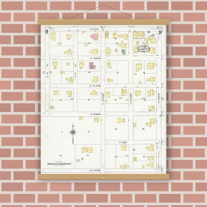 Old map wall art mockup — magnetic wood frame on brick wall — Sanborn Fire Insurance Map from Lake City, Columbia County, Florida (1924), Sheet #0009