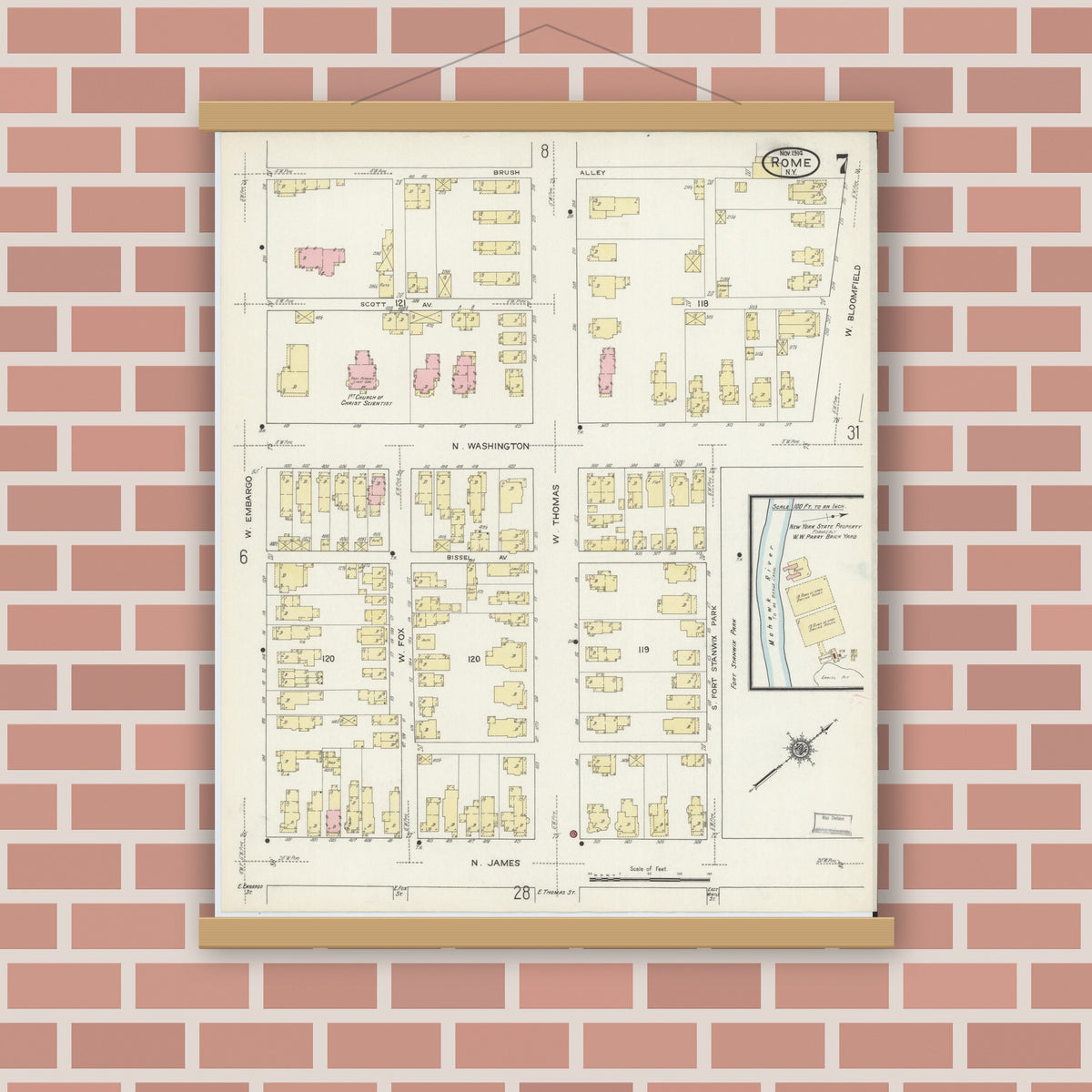 Old map wall art mockup — magnetic wood frame on brick wall — Sanborn Fire Insurance Map from Rome, Oneida County, New York (1914), Sheet #0007