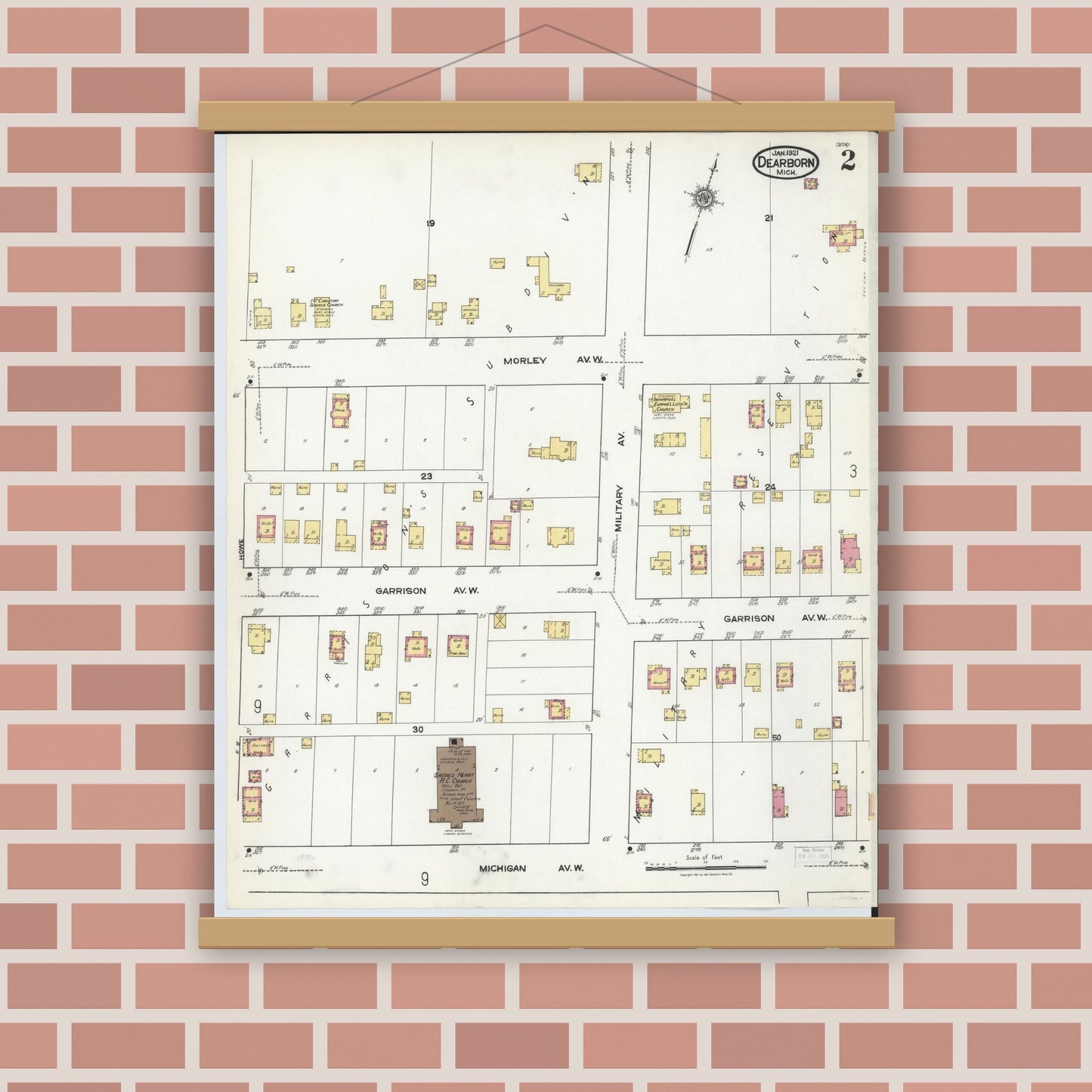 Old map wall art mockup — magnetic wood frame on brick wall — Sanborn Fire Insurance Map from Dearborn, Wayne County, Michigan (1921), Sheet #0002
