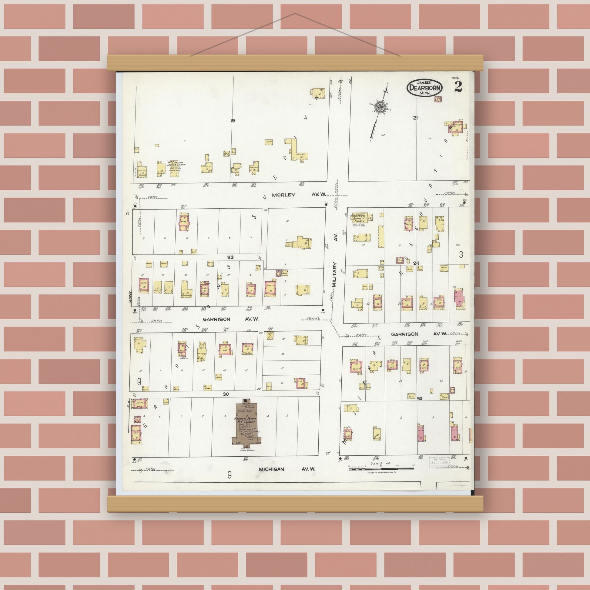 Old map wall art mockup — magnetic wood frame on brick wall — Sanborn Fire Insurance Map from Dearborn, Wayne County, Michigan (1921), Sheet #0002