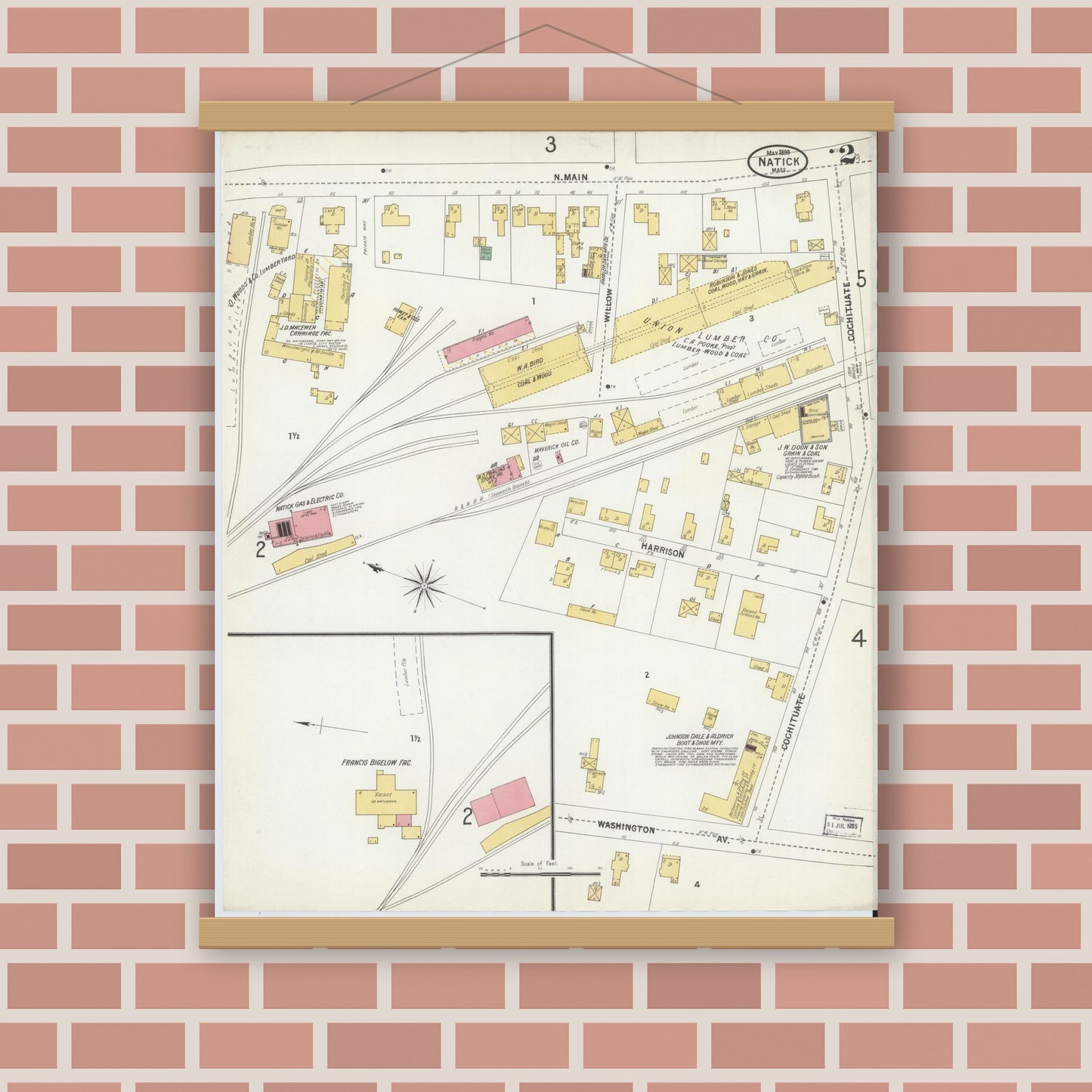 Old map wall art mockup — magnetic wood frame on brick wall — Sanborn Fire Insurance Map from Natick, Middlesex County, Massachusetts (1899), Sheet #0002