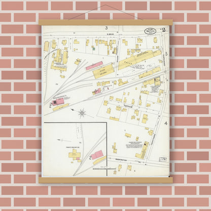 Old map wall art mockup — magnetic wood frame on brick wall — Sanborn Fire Insurance Map from Natick, Middlesex County, Massachusetts (1899), Sheet #0002