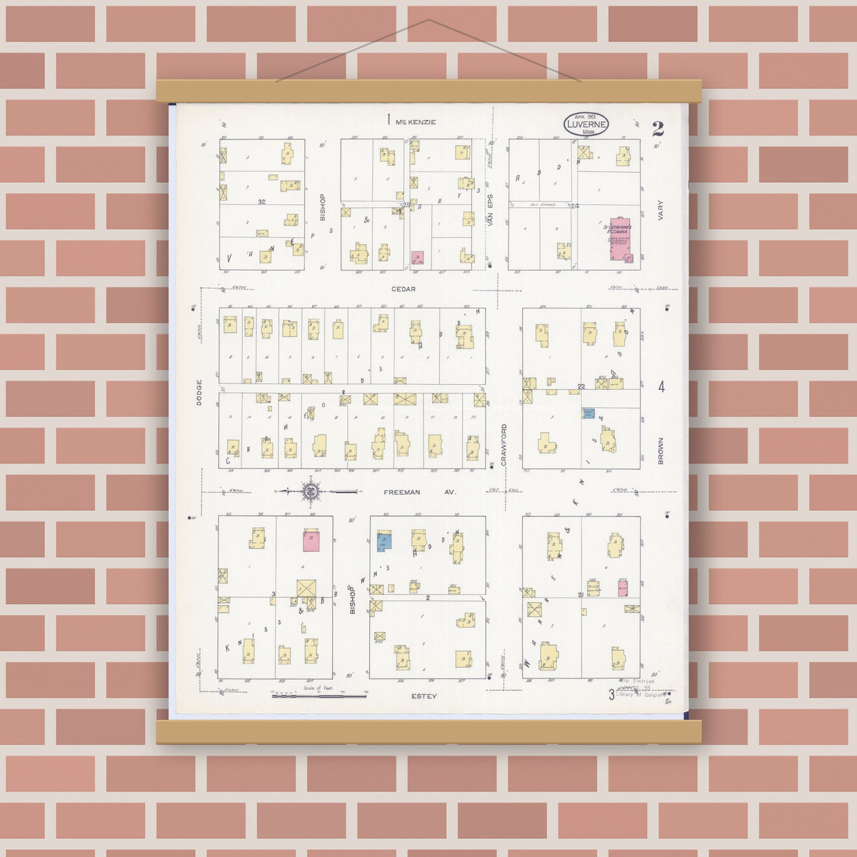 Old map wall art mockup — magnetic wood frame on brick wall — Sanborn Fire Insurance Map from Luverne, Rock County, Minnesota (1913), Sheet #0002