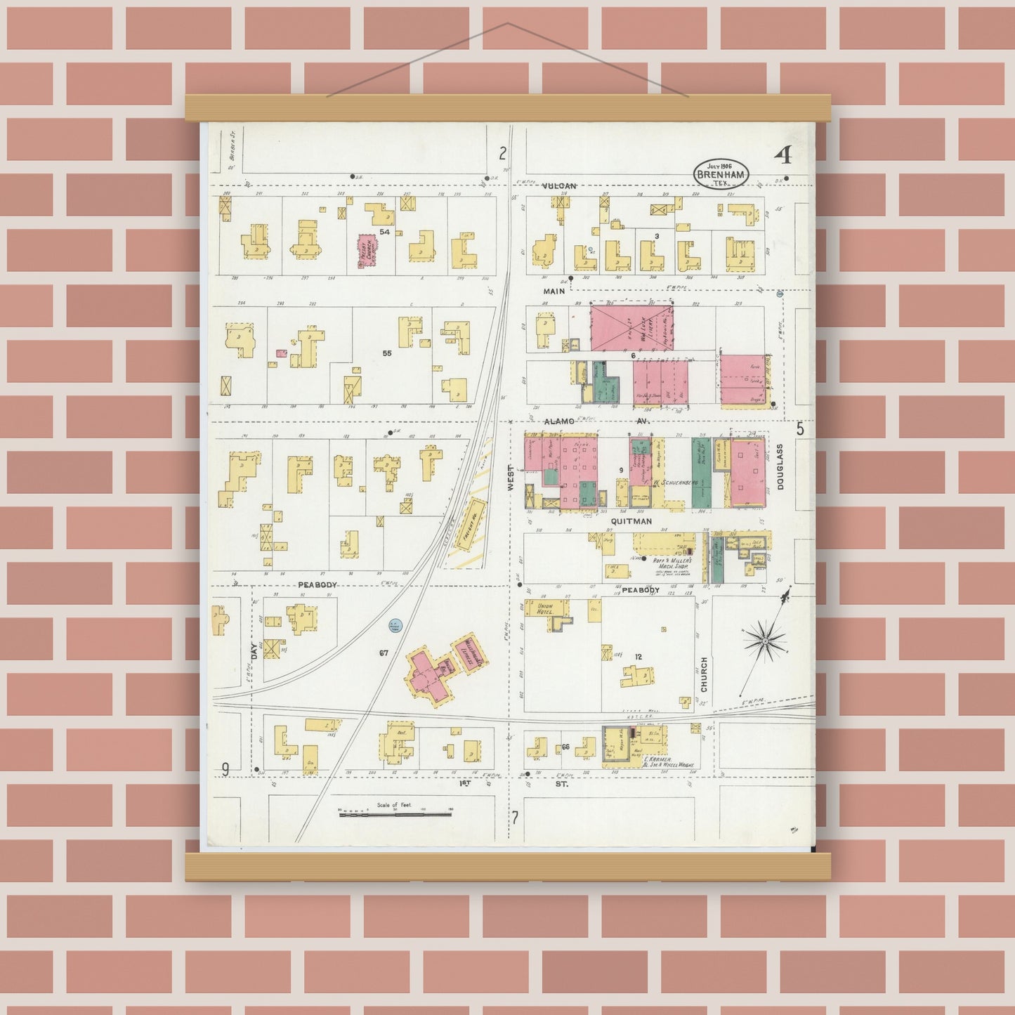 Old map wall art mockup — magnetic wood frame on brick wall — Sanborn Fire Insurance Map from Brenham, Washington County, Texas (1906), Sheet #0004