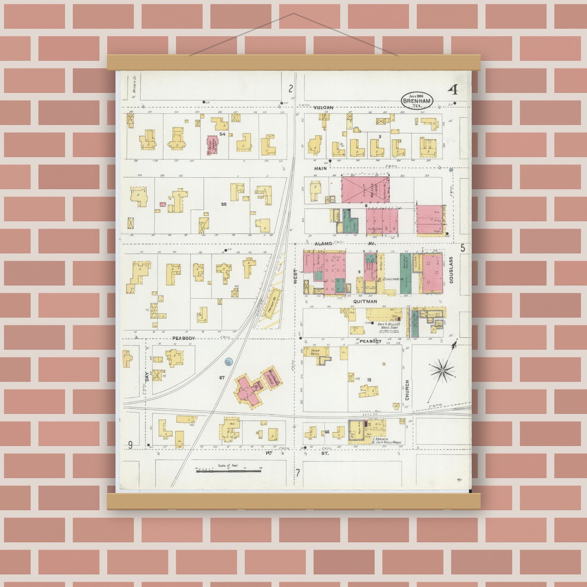 Old map wall art mockup — magnetic wood frame on brick wall — Sanborn Fire Insurance Map from Brenham, Washington County, Texas (1906), Sheet #0004