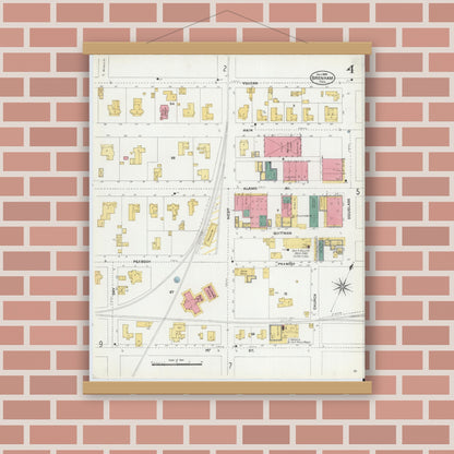 Old map wall art mockup — magnetic wood frame on brick wall — Sanborn Fire Insurance Map from Brenham, Washington County, Texas (1906), Sheet #0004
