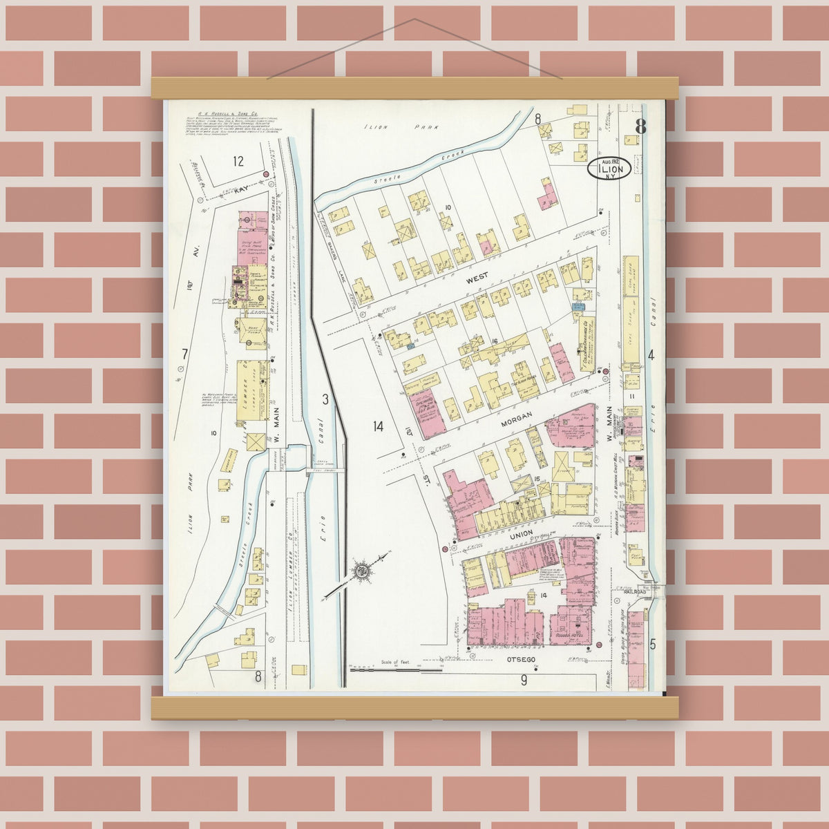Old map wall art mockup — magnetic wood frame on brick wall — Sanborn Fire Insurance Map from Ilion, Herkimer County, New York (1912), Sheet #0008