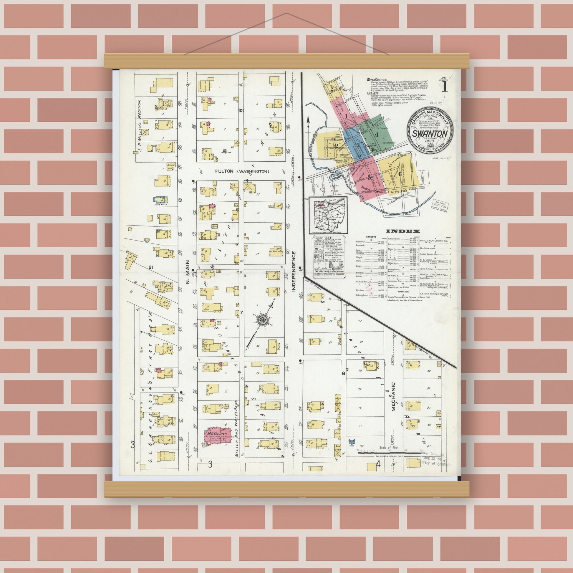 Old map wall art mockup — magnetic wood frame on brick wall — Sanborn Fire Insurance Map from Swanton, Fulton County, Ohio (1920) - Complete Map Set