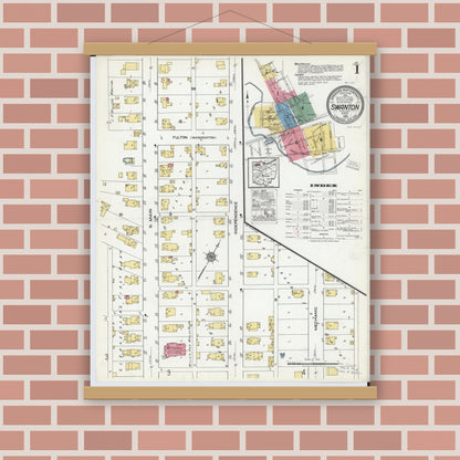 Old map wall art mockup — magnetic wood frame on brick wall — Sanborn Fire Insurance Map from Swanton, Fulton County, Ohio (1920) - Complete Map Set