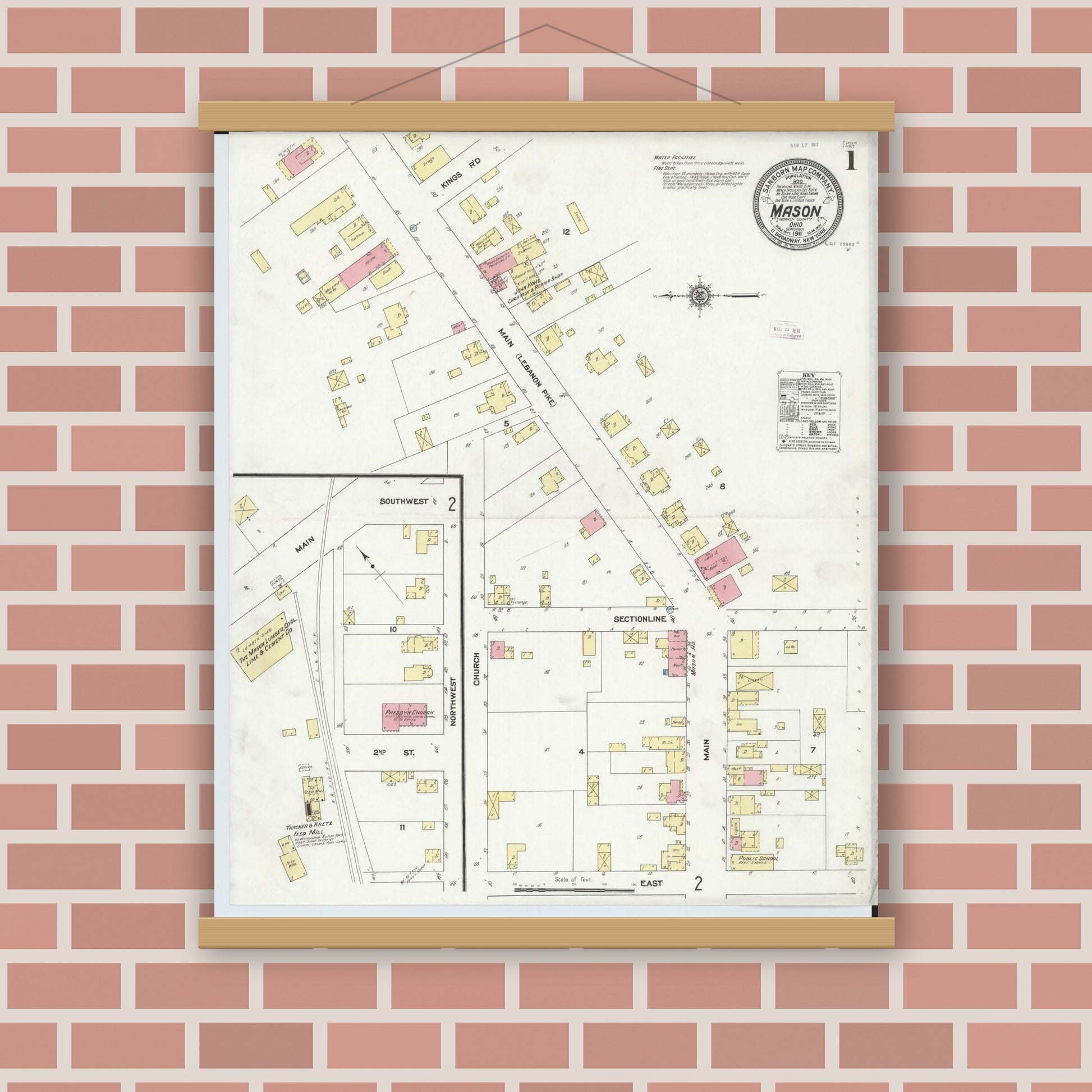 Old map wall art mockup — magnetic wood frame on brick wall — Sanborn Fire Insurance Map from Mason, Warren County, Ohio (1911) - Complete Map Set