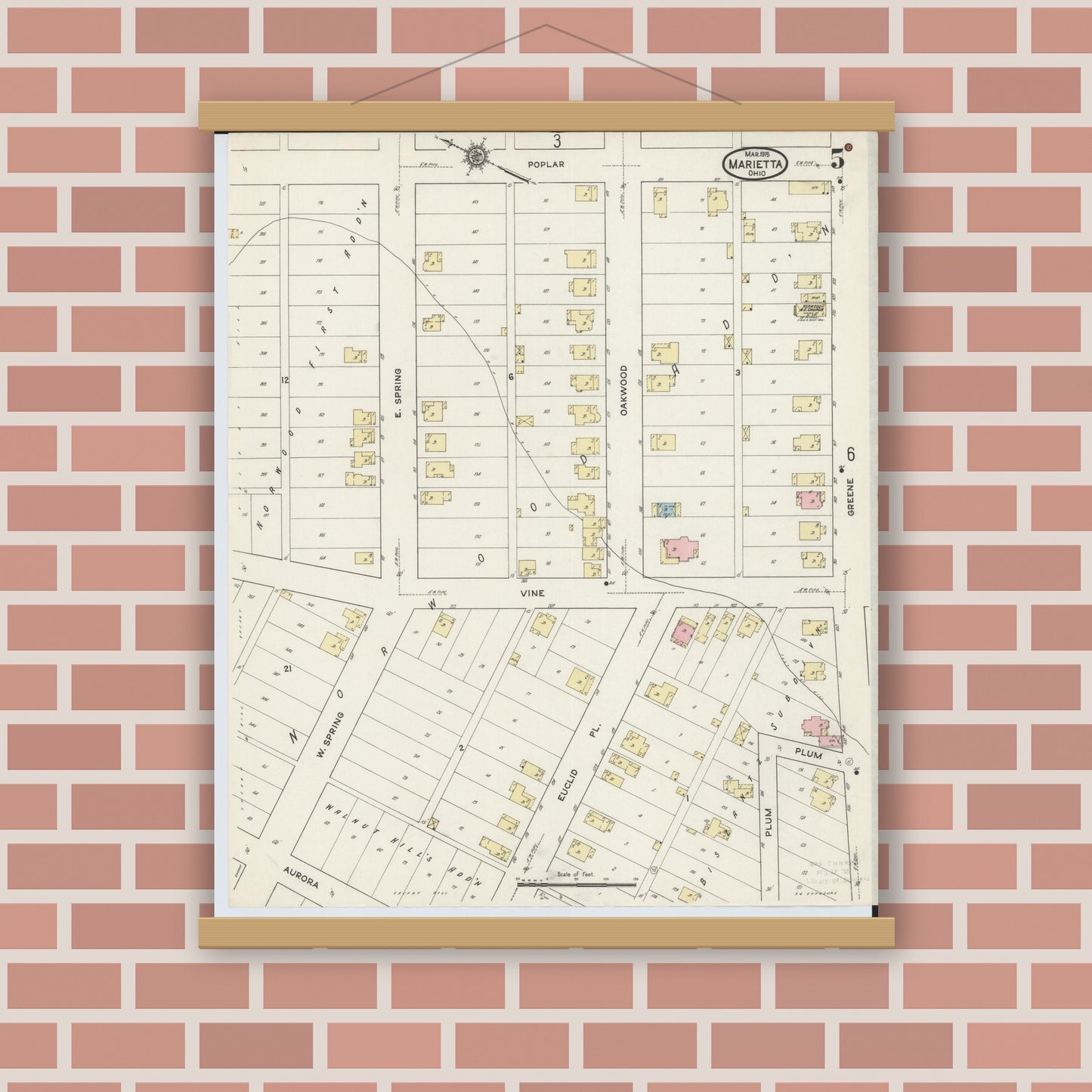 Old map wall art mockup — magnetic wood frame on brick wall — Sanborn Fire Insurance Map from Marietta, Washington County, Ohio (1915), Sheet #0005