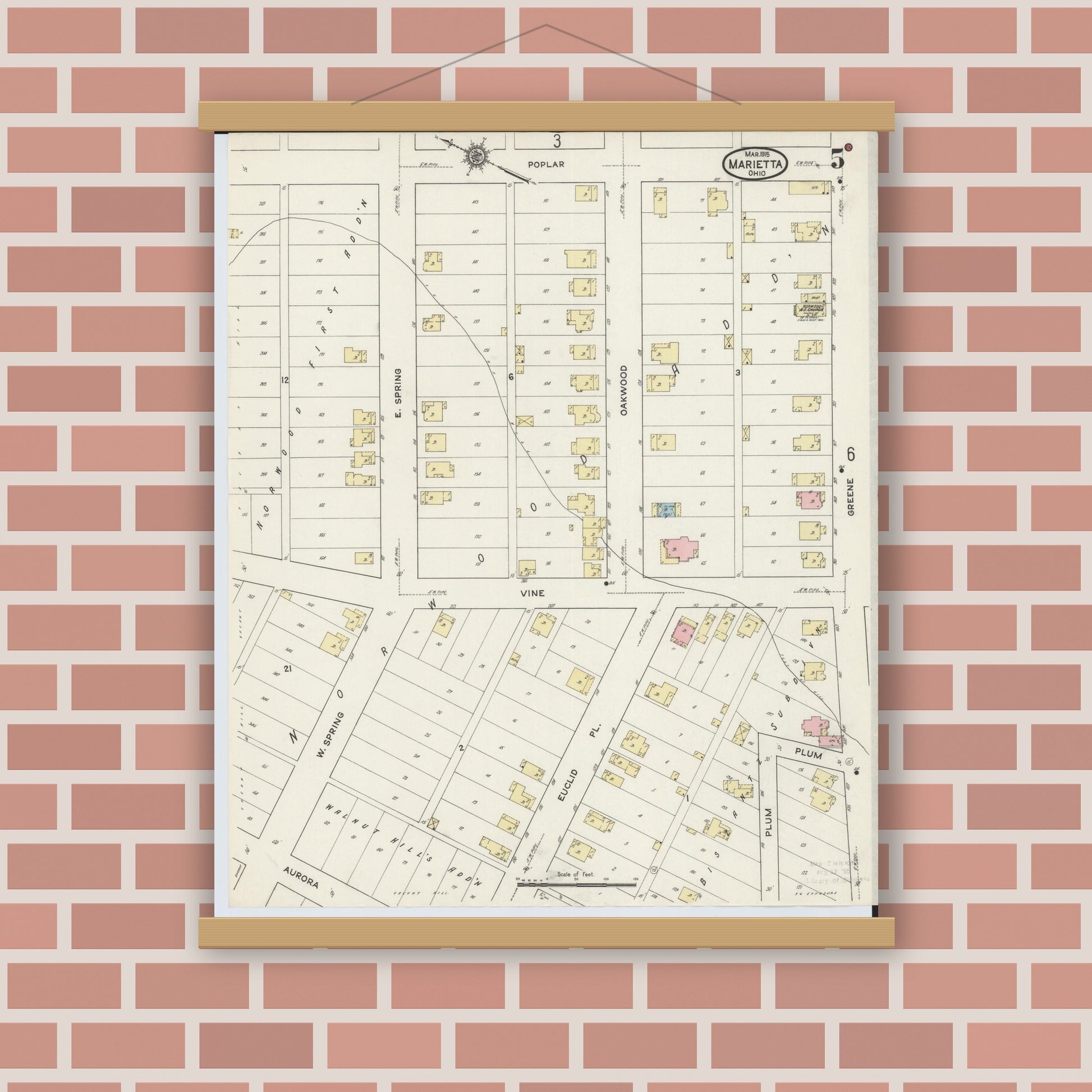 Old map wall art mockup — magnetic wood frame on brick wall — Sanborn Fire Insurance Map from Marietta, Washington County, Ohio (1915), Sheet #0005