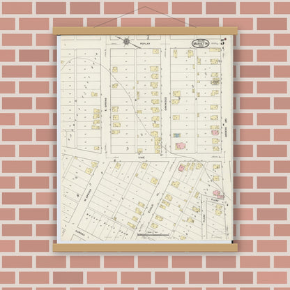 Old map wall art mockup — magnetic wood frame on brick wall — Sanborn Fire Insurance Map from Marietta, Washington County, Ohio (1915), Sheet #0005