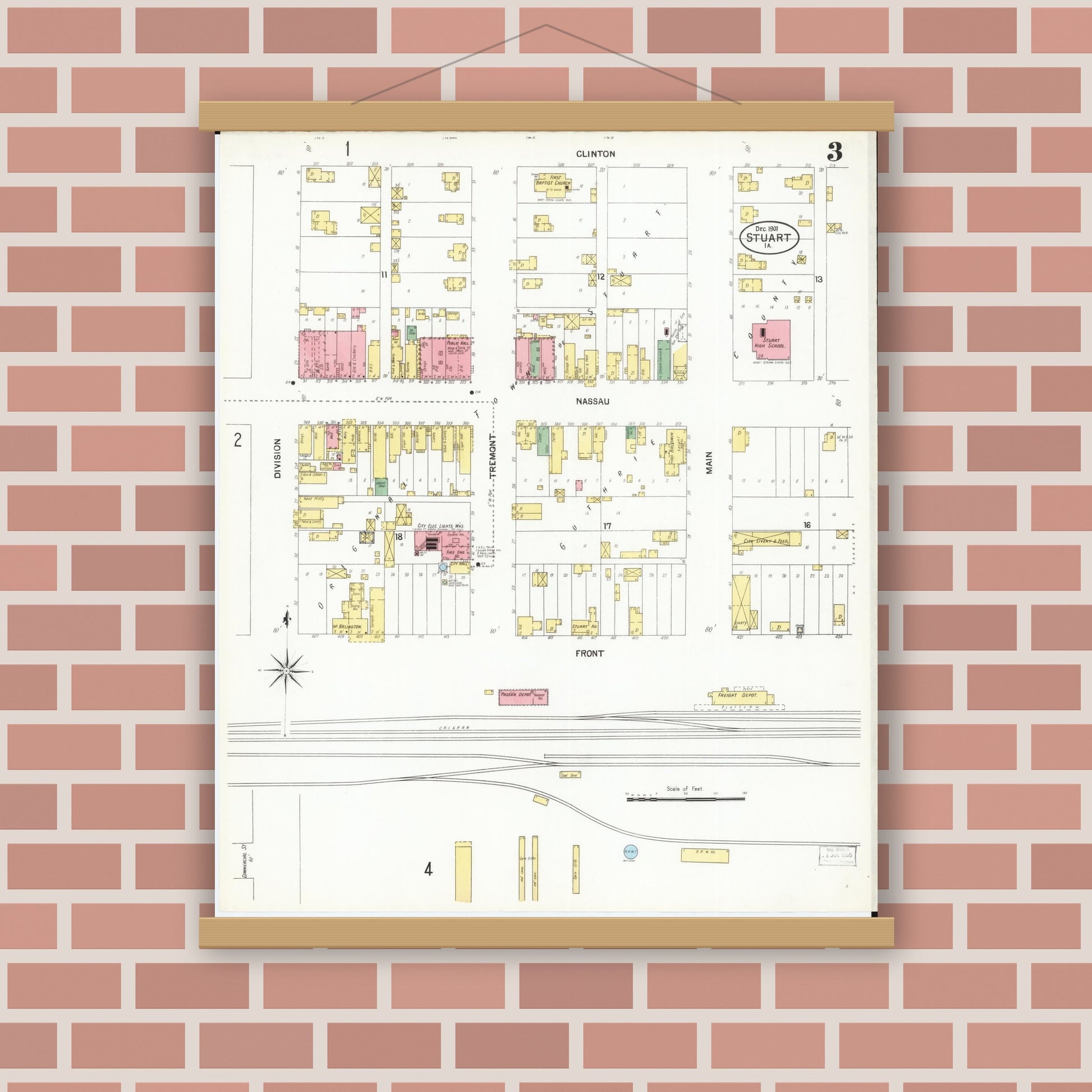 Old map wall art mockup — magnetic wood frame on brick wall — Sanborn Fire Insurance Map from Stuart, Guthrie and Adair Counties, Iowa (1901), Sheet #0003