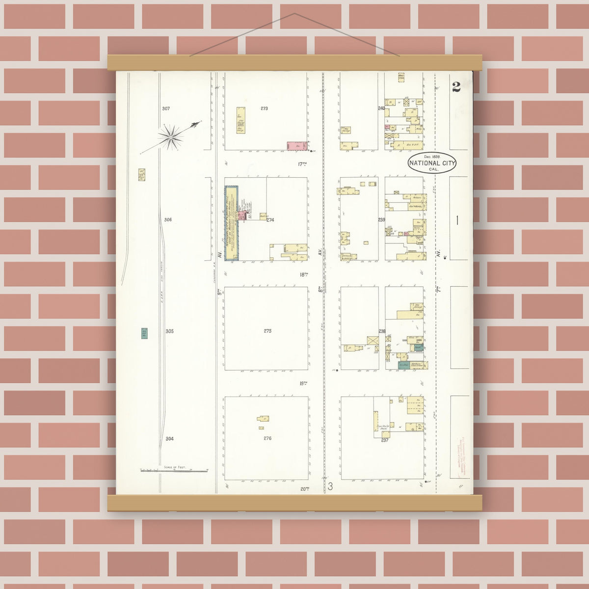Old map wall art mockup — magnetic wood frame on brick wall — Sanborn Fire Insurance Map from National City, San Diego County, California (1899), Sheet #0002