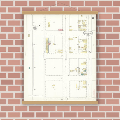 Old map wall art mockup — magnetic wood frame on brick wall — Sanborn Fire Insurance Map from National City, San Diego County, California (1899), Sheet #0002