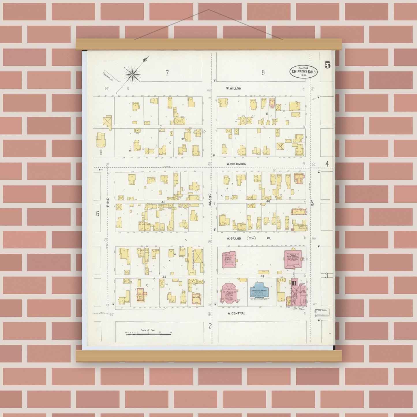 Old map wall art mockup — magnetic wood frame on brick wall — Sanborn Fire Insurance Map from Chippewa Falls, Chippewa County, Wisconsin (1903), Sheet #0005