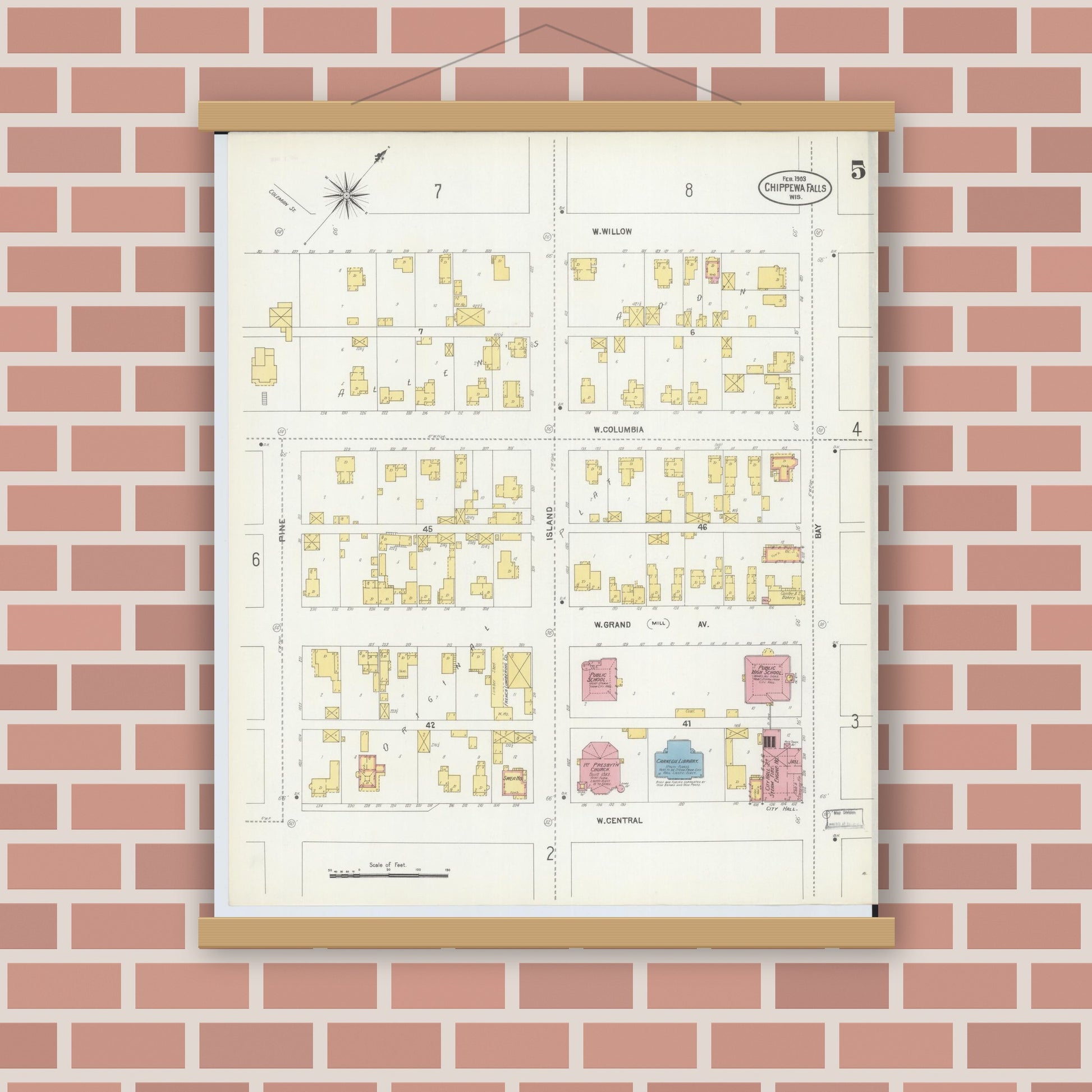 Old map wall art mockup — magnetic wood frame on brick wall — Sanborn Fire Insurance Map from Chippewa Falls, Chippewa County, Wisconsin (1903), Sheet #0005