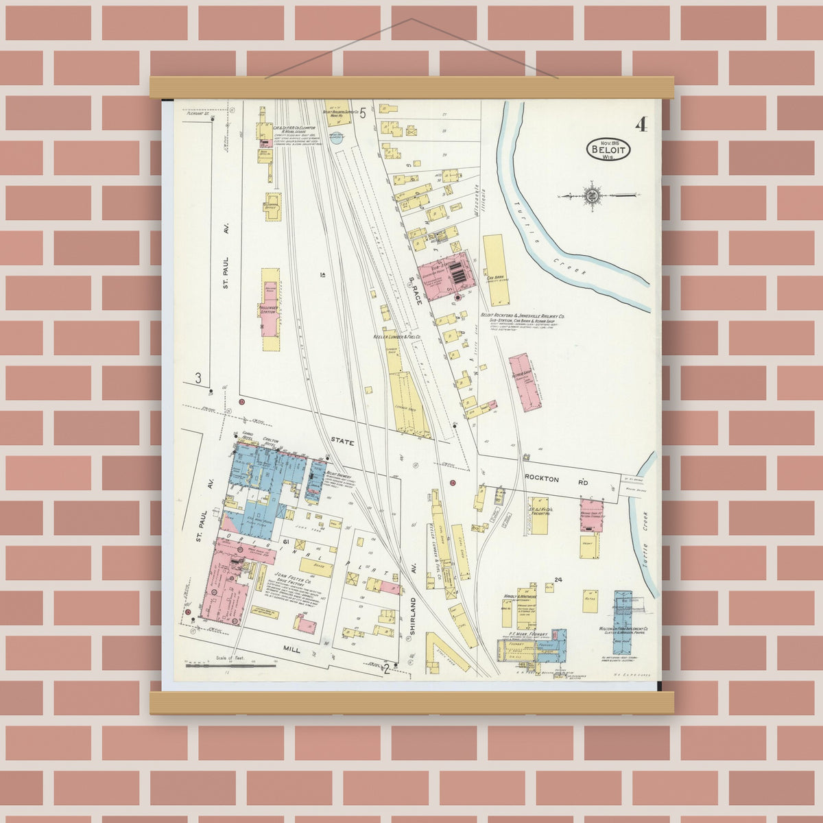 Old map wall art mockup — magnetic wood frame on brick wall — Sanborn Fire Insurance Map from Beloit, Rock County, Wisconsin (1915), Sheet #0004